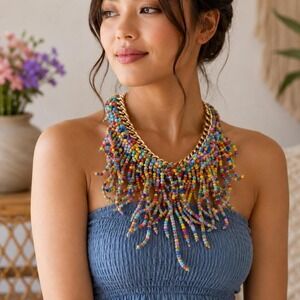 Sassy Jones Rainbow Seed Bead Fringe Statement Necklace Gold Tone Curb Chain SJ